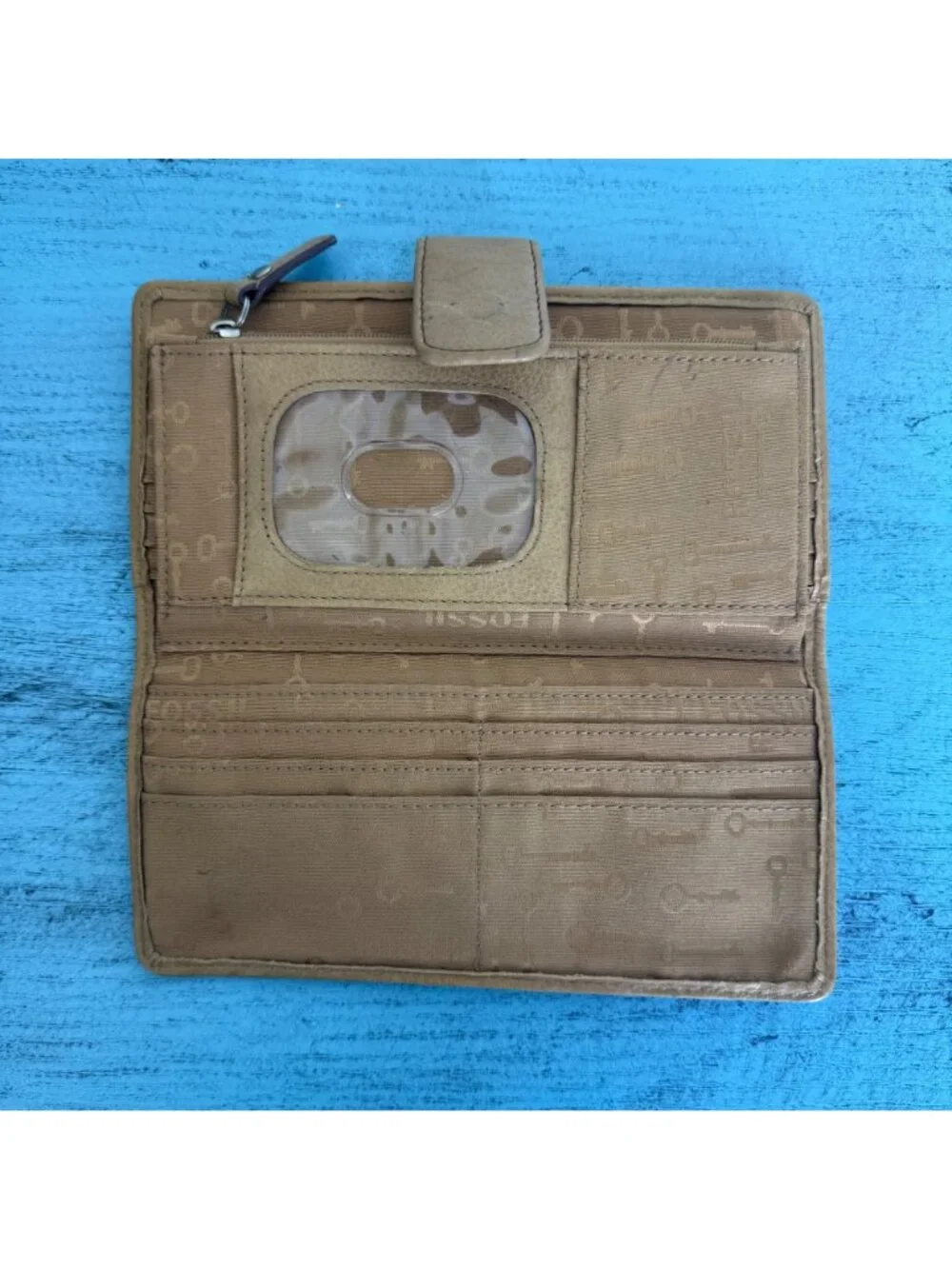 Fossil Tan Leather Wallet With Colorful Embroidered Accents & Bird Design